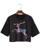 Romwe Black Deer Print Crop T-shirt