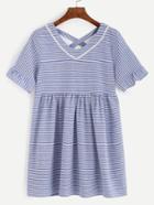 Romwe Blue Striped Criss Cross Lace Trim Dress