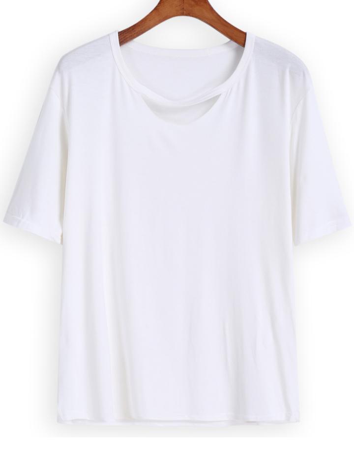 Romwe Round Neck Cut Out White T-shirt