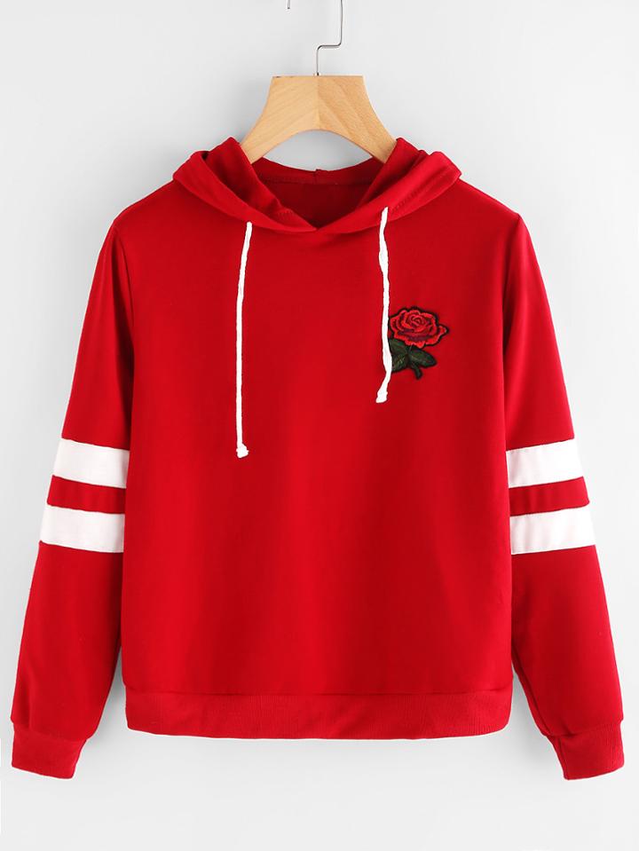 Romwe Varsity-striped Rose Patch Hoodie