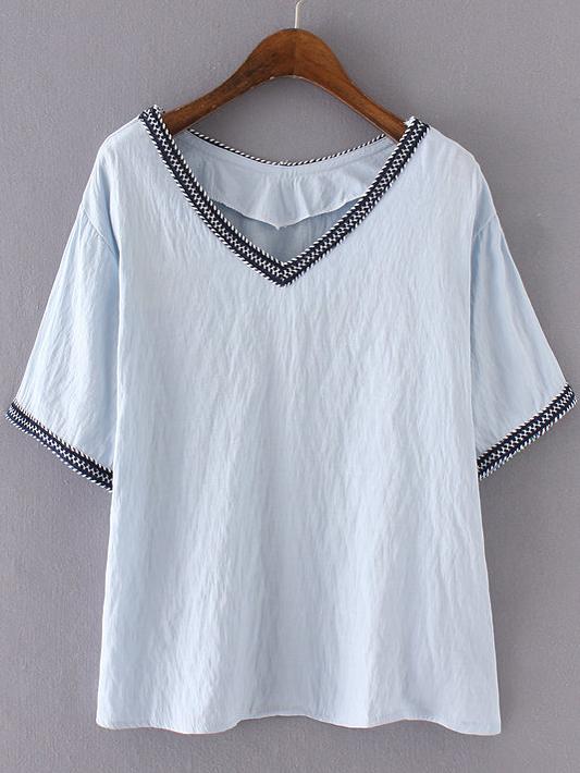 Romwe Blue V Neck Casual T-shirt