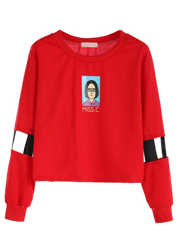 Romwe Red Printed Cut Out Sleeve T-shirt