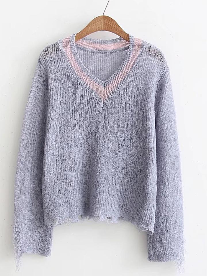 Romwe V-neckline Distressed Hem Knitwear