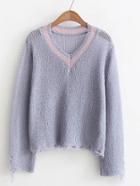 Romwe V-neckline Distressed Hem Knitwear