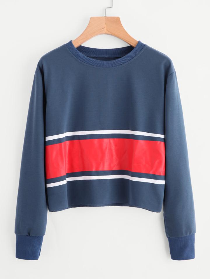 Romwe Striped Raw Hem Sweatshirt