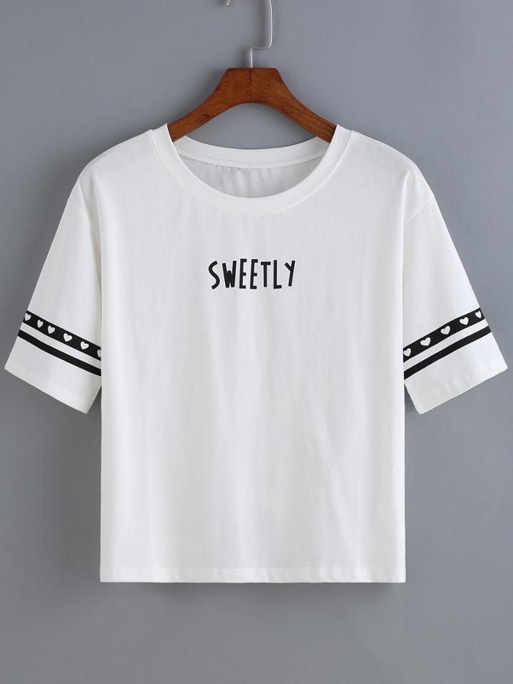 Romwe Heart Letter Print T-shirt