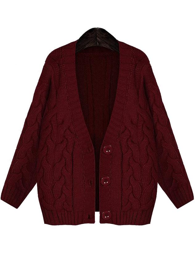 Romwe Cable Knit Buttons Wine Red Coat