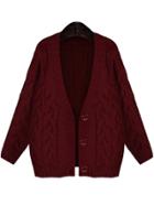 Romwe Cable Knit Buttons Wine Red Coat