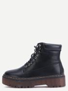 Romwe Black Faux Leather Round Toe Lace Up Flatform Boots