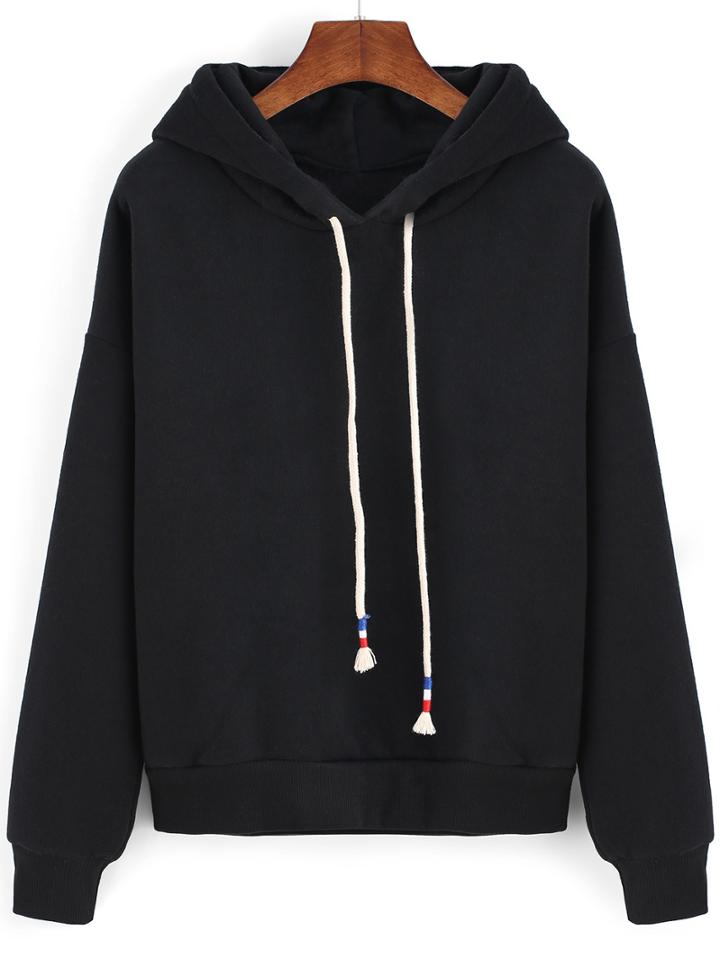 Romwe Black Hooded Drawstring Crop Sweatshirt