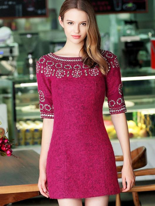 Romwe Win Red Round Neck Half Sleeve Beading Dress