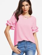 Romwe Crisscross V Neck Layered Ruffle Sleeve Top