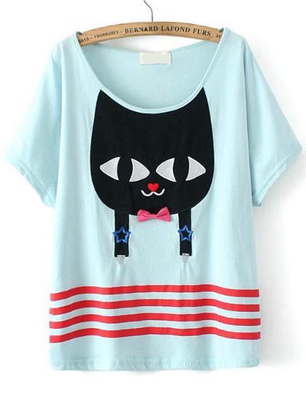 Romwe Striped Cat Embroidered Blue T-shirt