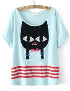 Romwe Striped Cat Embroidered Blue T-shirt