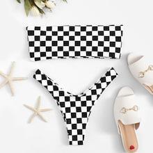 Romwe Random Checker Bandeau With High Leg Bikini Set