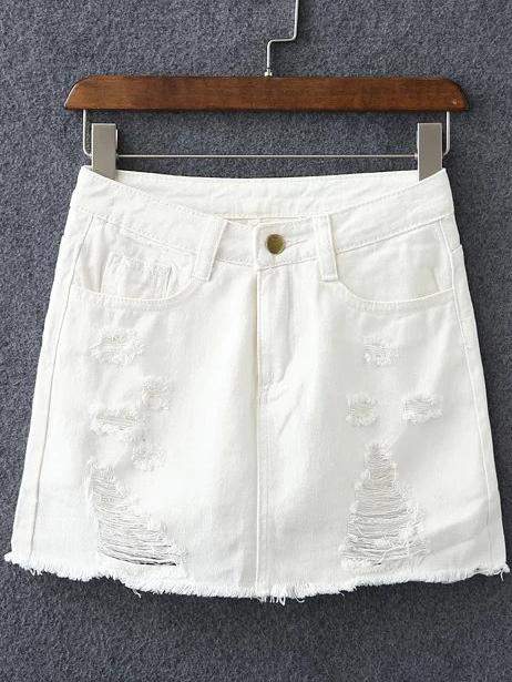 Romwe White Pockets Ripped Hole Denim Culottes