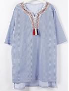 Romwe Blue Vertical Striped Dip Hem Dress With Tassel