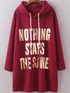 Romwe Hooded Drawstring Letter Print Burgundy Sweatshirt Dress