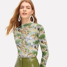 Romwe Mock-neck Form Fitting Landscape Print Tee