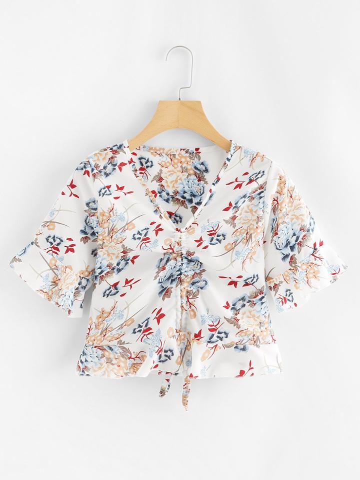 Romwe Fluted Sleeve Ruched Crop Top