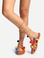 Romwe Multicolor Pom-pom Ring Toe Lace-up Sandals