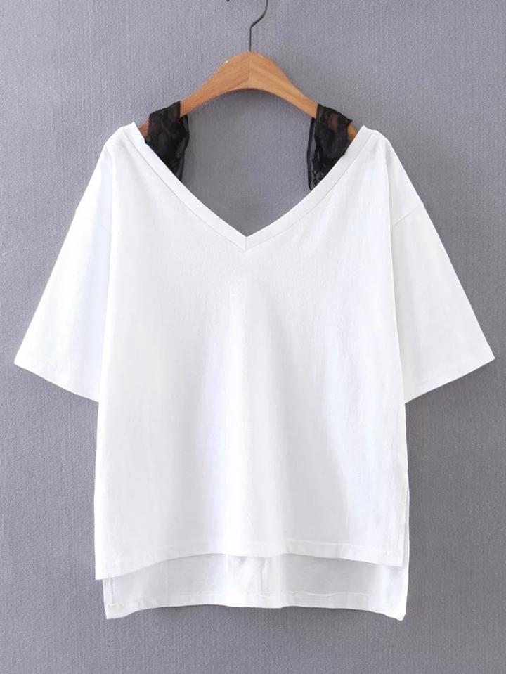 Romwe Contrast Lace Cold Shoulder High Low Tee