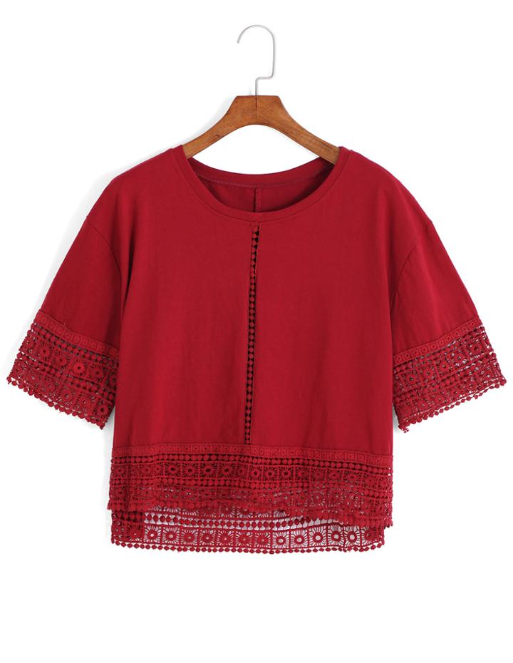 Romwe Crochet Hem Loose Red Top