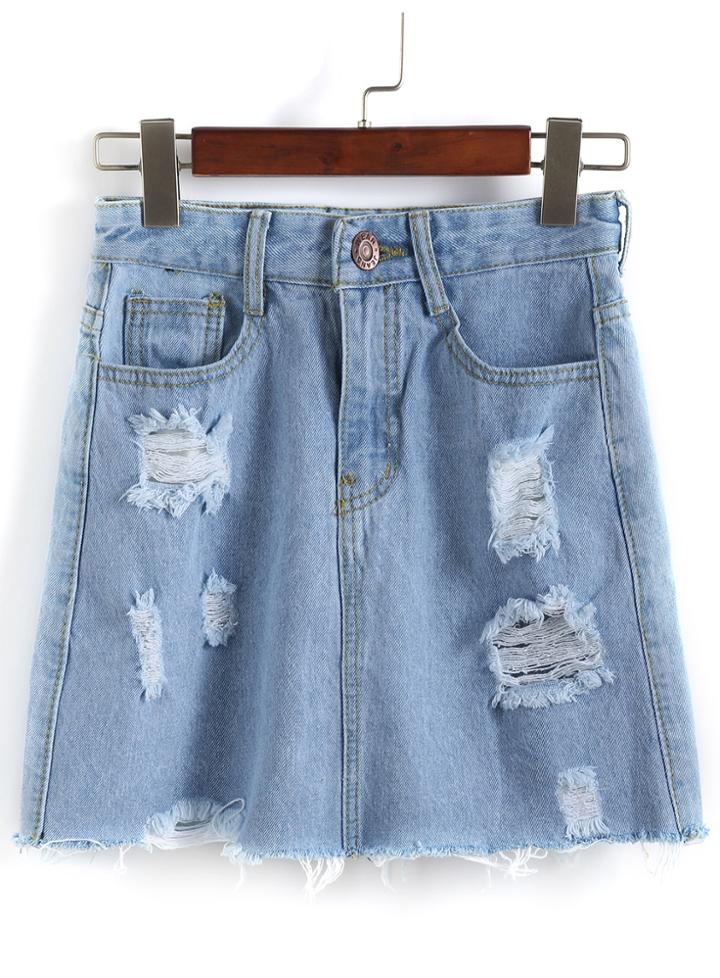 Romwe With Pockets Ripped Denim Skirt