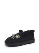 Romwe Beaded Bee Patch Frill Trim Suede Flats