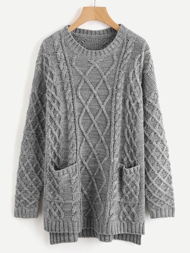 Romwe Pocket Front Mixed Knit Stepped Hem Sweater