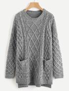 Romwe Pocket Front Mixed Knit Stepped Hem Sweater