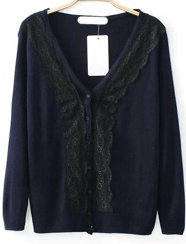 Romwe V Neck Lace Embellished Navy Cardigan