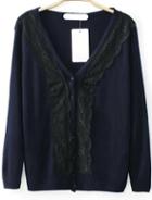 Romwe V Neck Lace Embellished Navy Cardigan