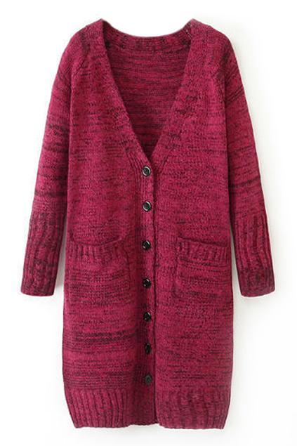 Romwe Pocketed V Neck Red Cardigan
