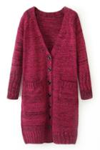 Romwe Pocketed V Neck Red Cardigan