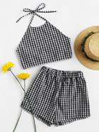 Romwe Gingham Print Bow Tie Open Back Crop Top With Shorts