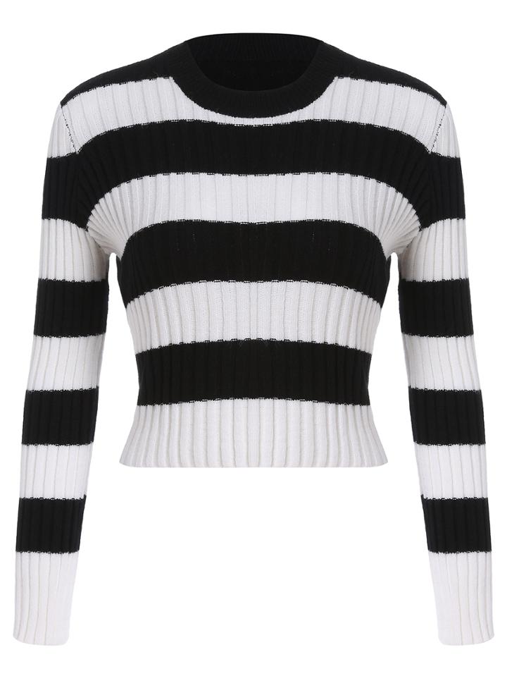 Romwe Striped Slim Crop Sweater