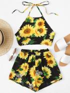 Romwe Sunflower Print Halter Top With Shorts