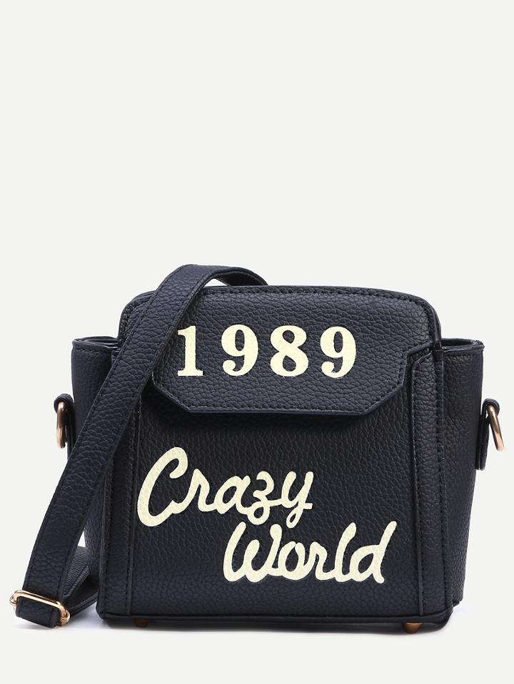Romwe Black Letter Print Trapeze Crossbody Bag
