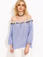 Romwe Blue Striped Off The Shoulder Tassel Trim Top