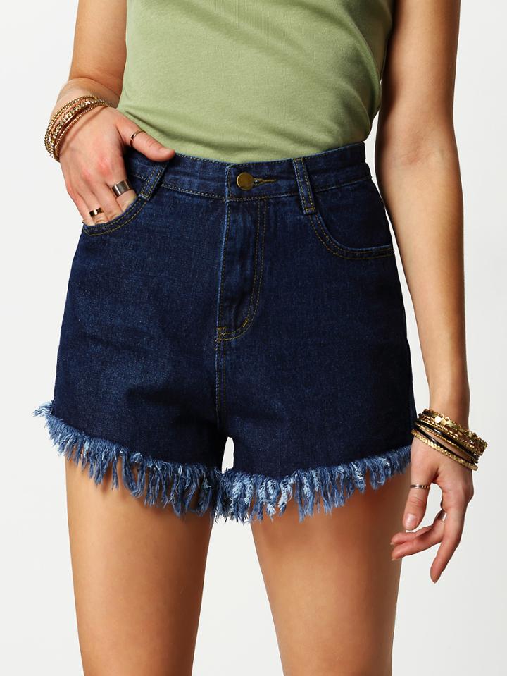 Romwe Frayed High Waist Denim Shorts