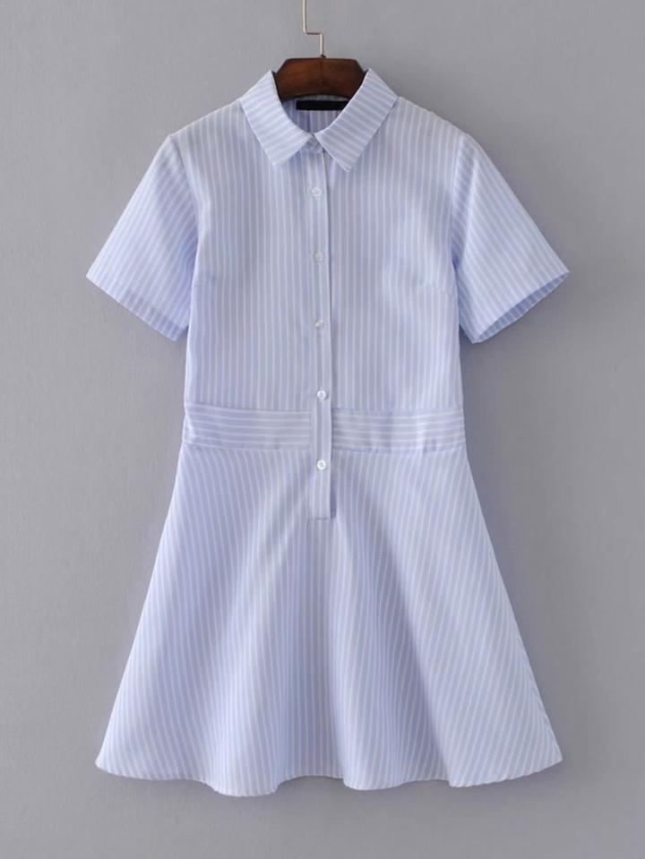 Romwe Vertical Striped Flare Shirt Dress
