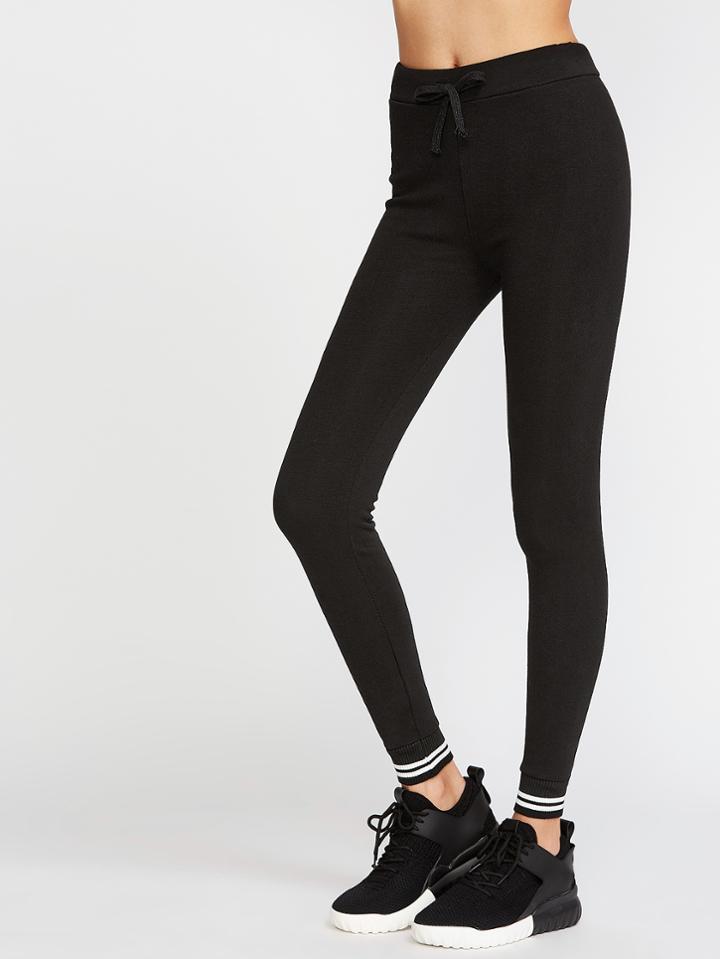 Romwe Black Striped Trim Drawstring Waist Leggings