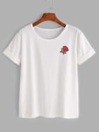 Romwe Rose Embroidered Patch Cuffed Tee