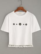 Romwe White Daisy Print Fringe T-shirt