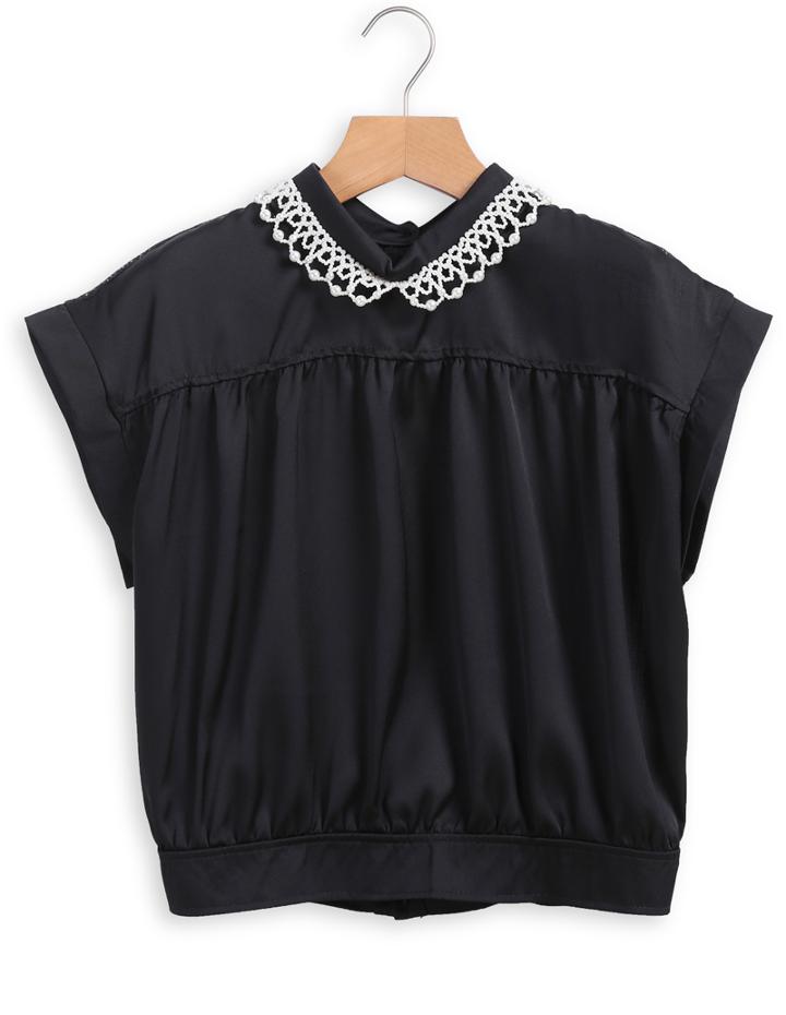 Romwe With Pearl Lapel Short Sleeve Buttons Blouse