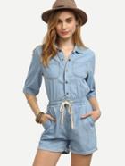 Romwe Blue Denim Button Front Drawstring Waist Shirt Romper