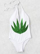 Romwe Leaf Print Plunging Neck Halter One Piece Swimwear