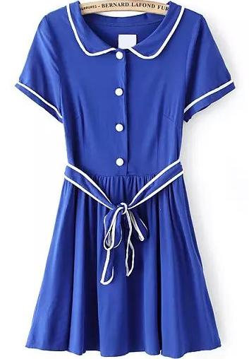 Romwe Lapel With Buttons Belt White Edge Pleated Dress