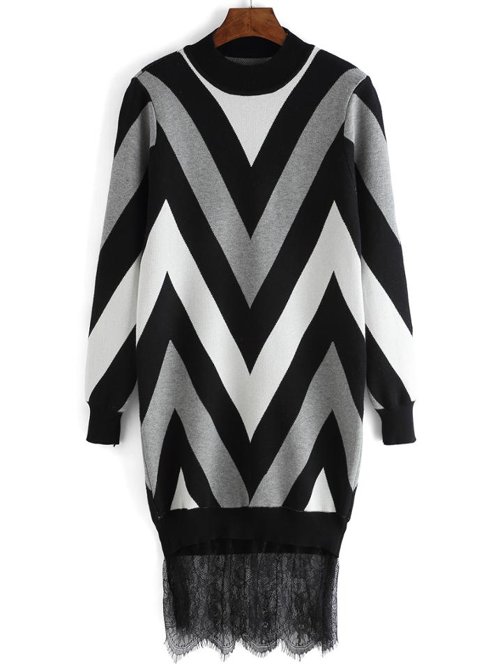 Romwe Mock Neck V Pattern Lace Sweater Dress